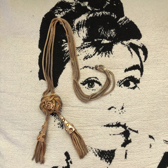 Vintage Gold Crystal Rhinestone Tassel Necklace - Picture 3 of 9